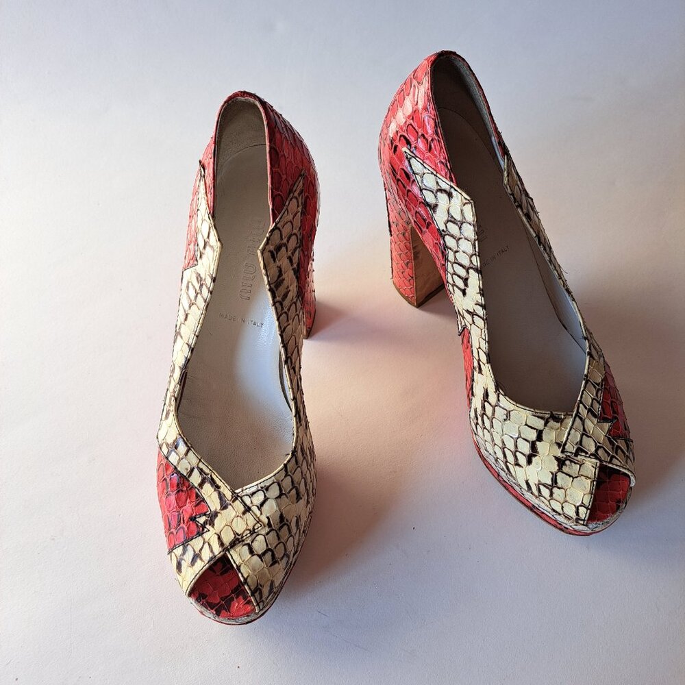 Miu Miu Runway Python Red Off-White Platform Heel… - image 2